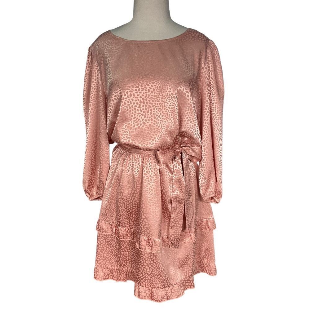 TACERA Blush Satin Jacquard Dress Romantic Balloon Sleeve Ruffle Hem Mini Size L